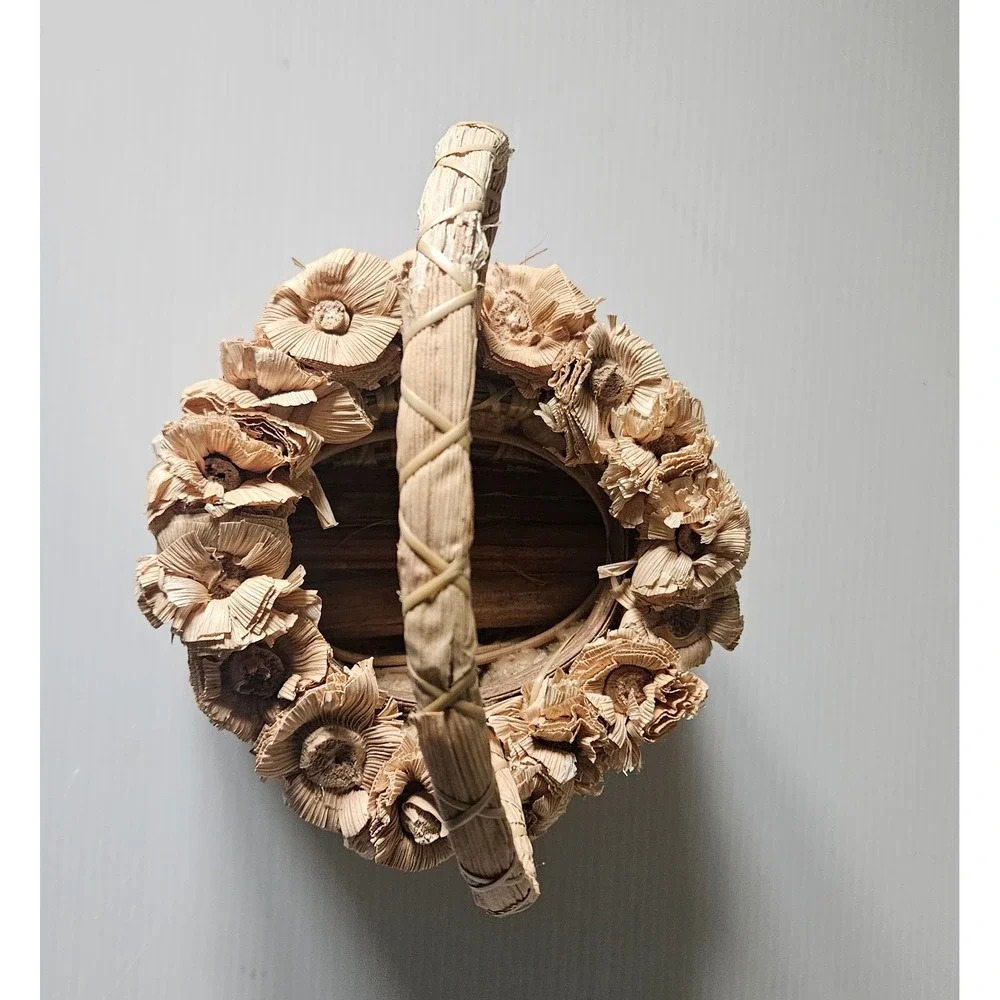 Vintage Natural Corn Husk and Cob Decorative Basket with Floral Trim Rustic Folk